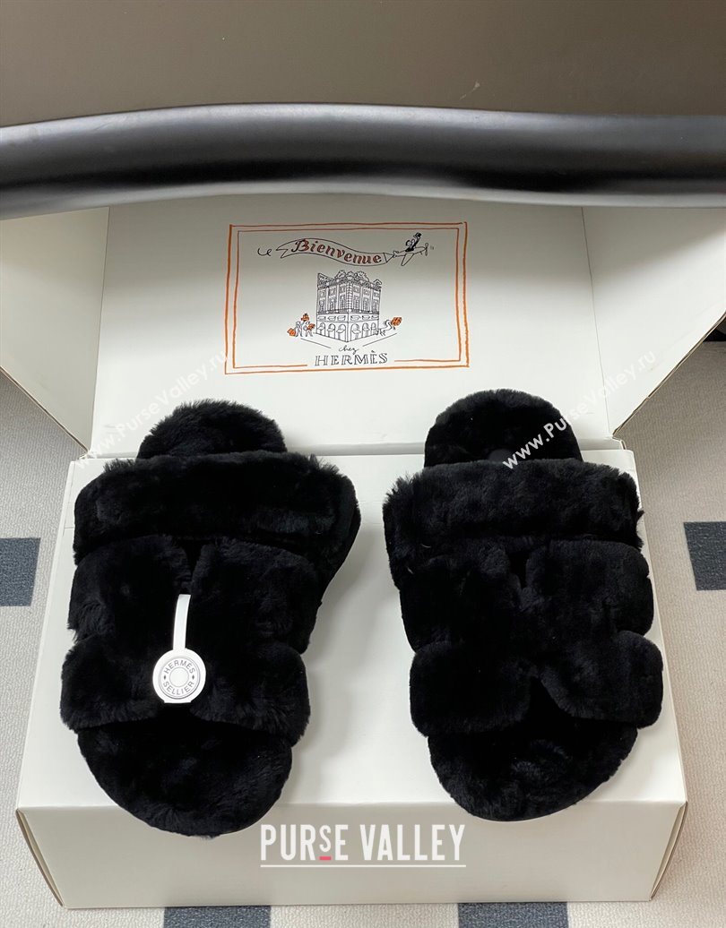Hermes Chypre Flat Slides Sandal in Wool Black 2025 H102306 (MD-251023110)