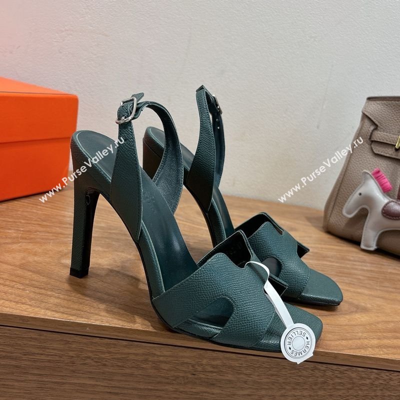 Hermes Eremite Heel Sandals 10cm in Grained Leather Dark Green 2025 H02275 (XC-251023160)