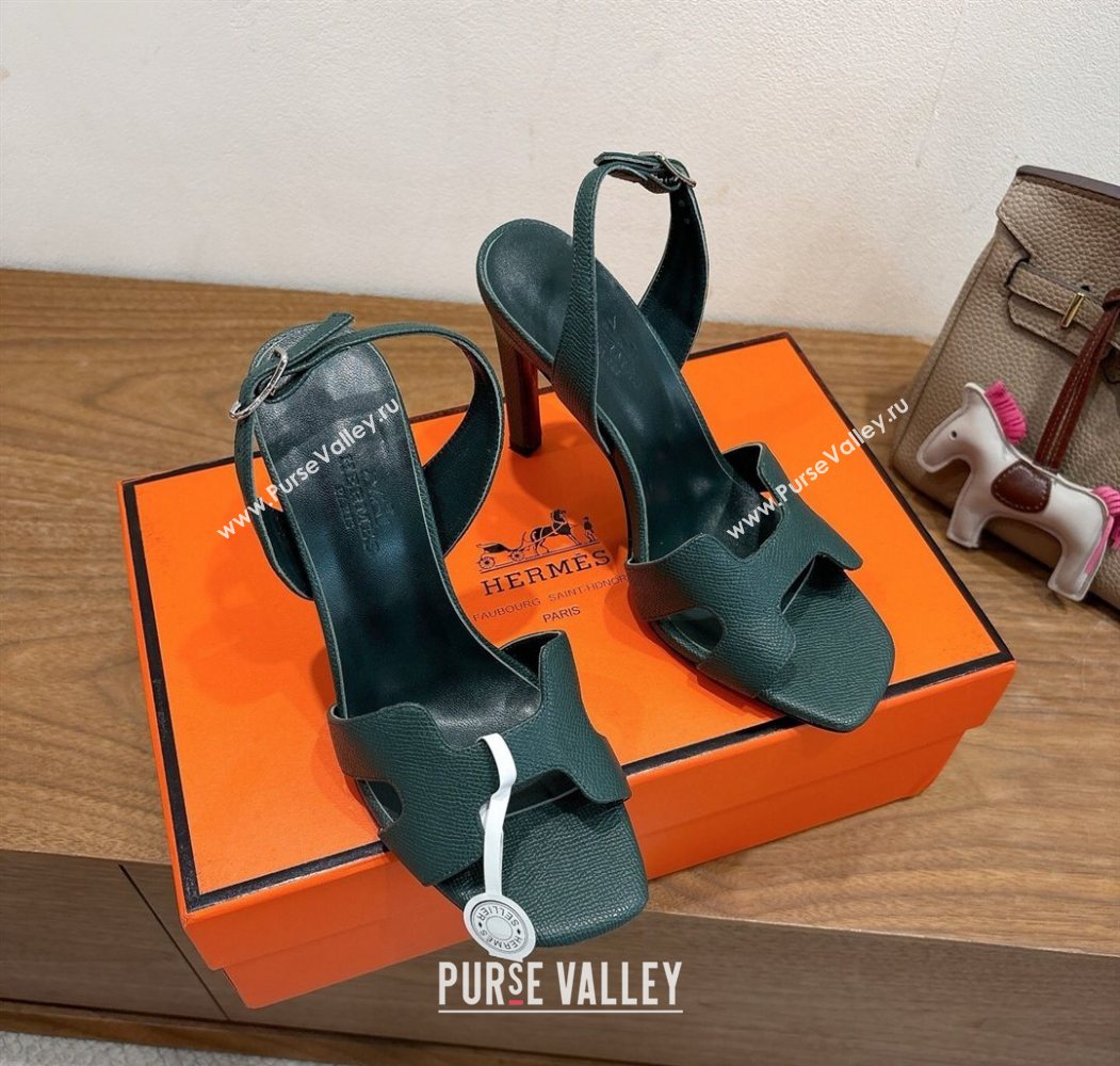 Hermes Eremite Heel Sandals 10cm in Grained Leather Dark Green 2025 H02275 (XC-251023160)