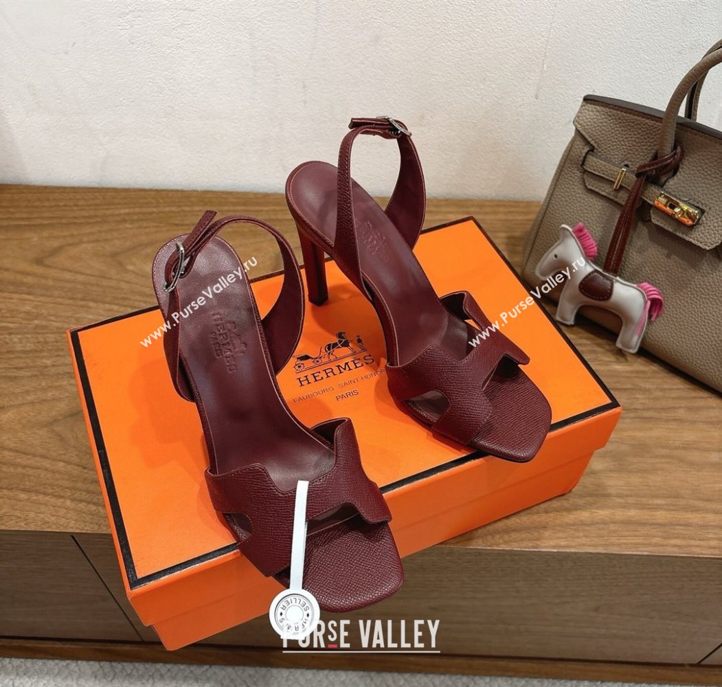 Hermes Eremite Heel Sandals 10cm in Grained Leather Dark Burgundy 2025 H02275 (XC-251023163)
