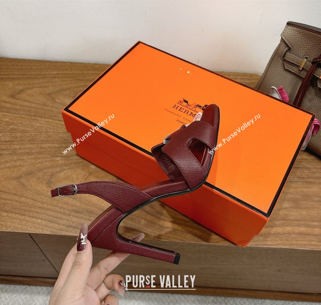 Hermes Eremite Heel Sandals 10cm in Grained Leather Dark Burgundy 2025 H02275 (XC-251023163)