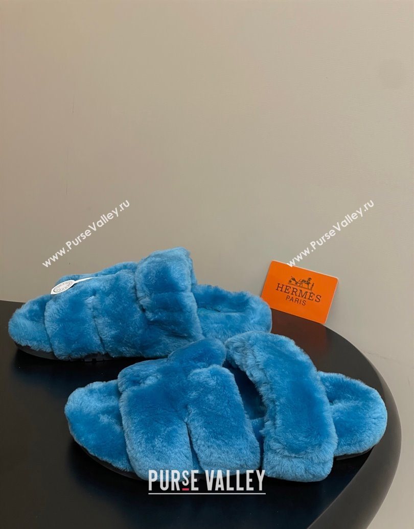 Hermes Chypre Flat Slides Sandal in Wool Blue 2025 H102306 (MD-251023117)
