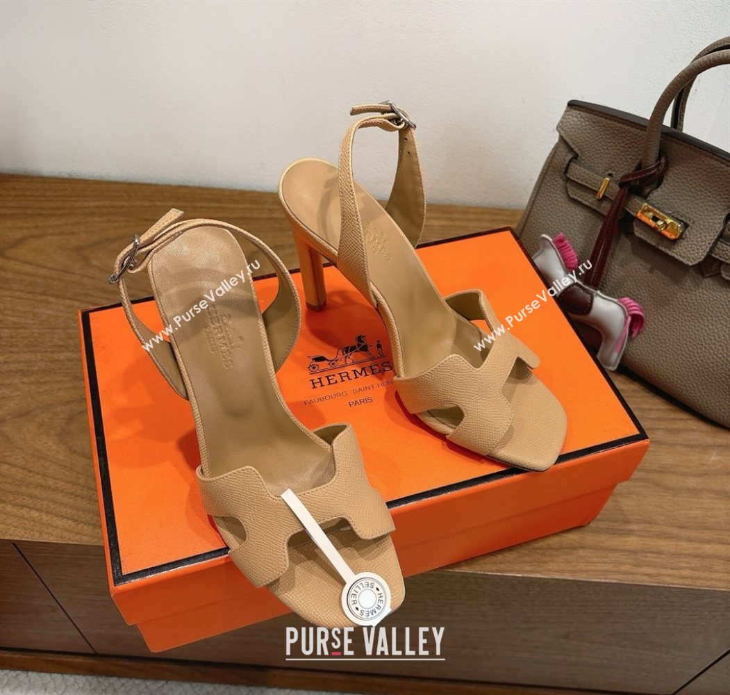 Hermes Eremite Heel Sandals 10cm in Grained Leather Apricot 2025 H02275 (XC-251023165)