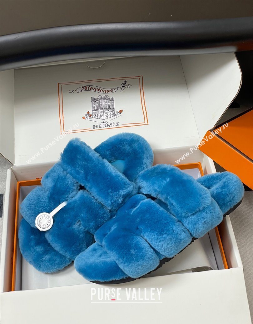Hermes Chypre Flat Slides Sandal in Wool Blue 2025 H102306 (MD-251023117)