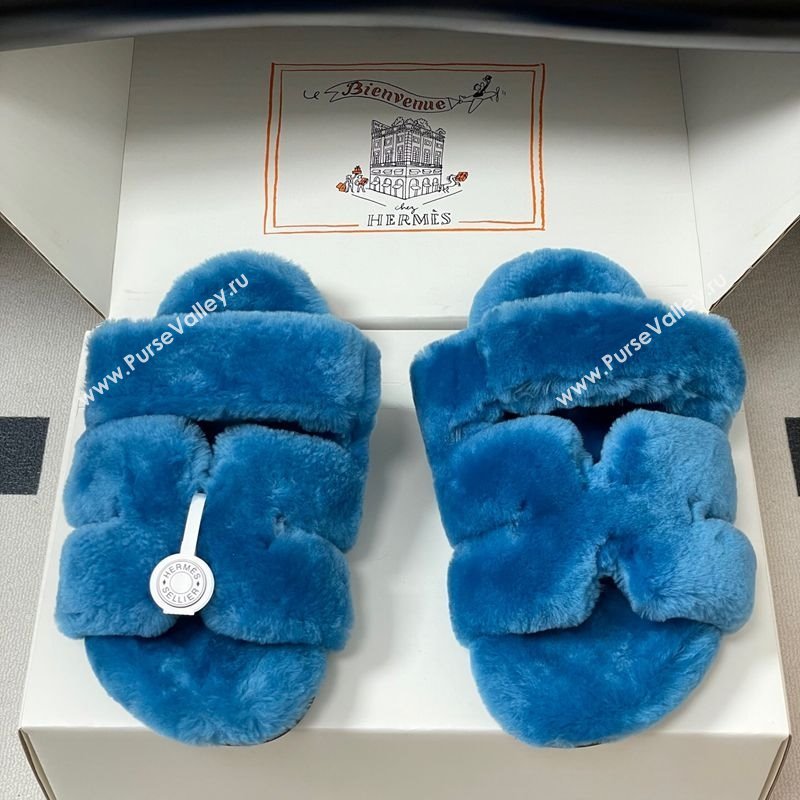Hermes Chypre Flat Slides Sandal in Wool Blue 2025 H102306 (MD-251023117)
