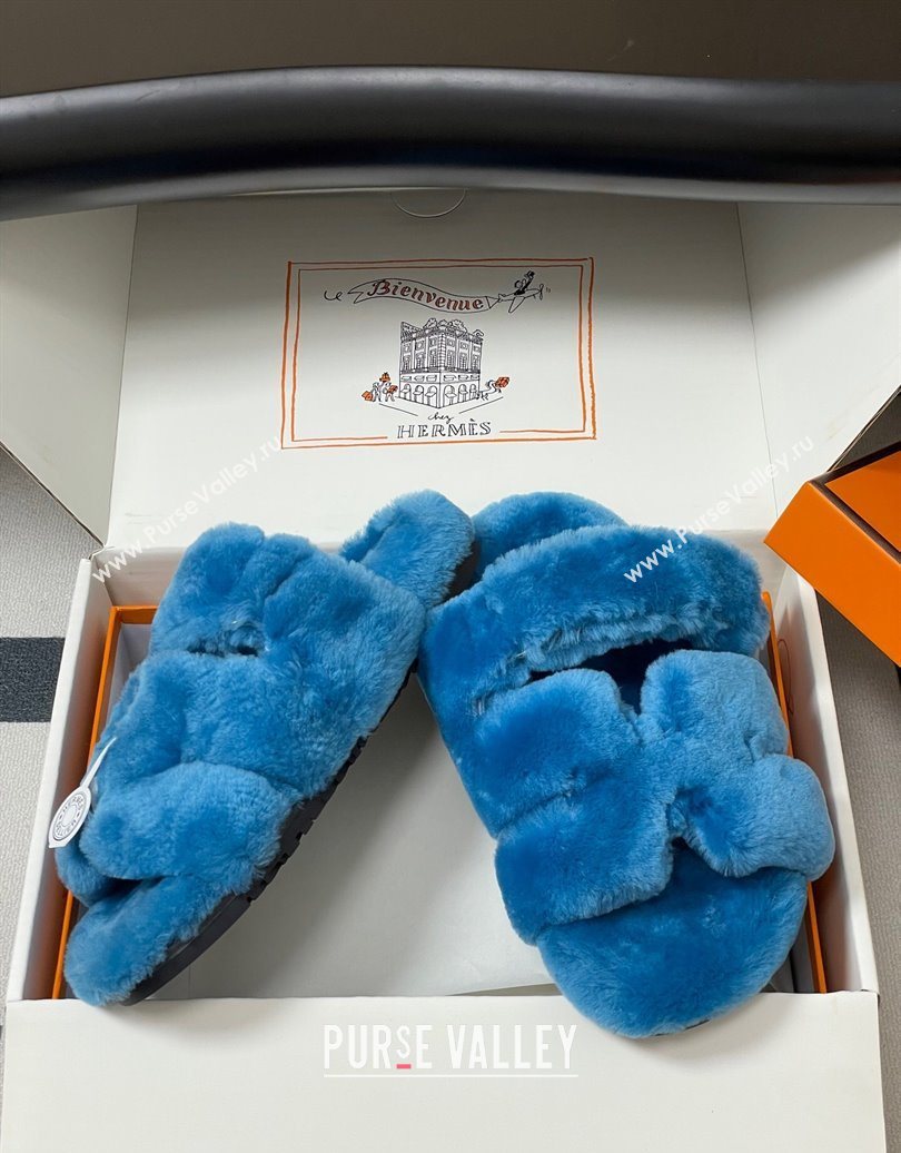 Hermes Chypre Flat Slides Sandal in Wool Blue 2025 H102306 (MD-251023117)