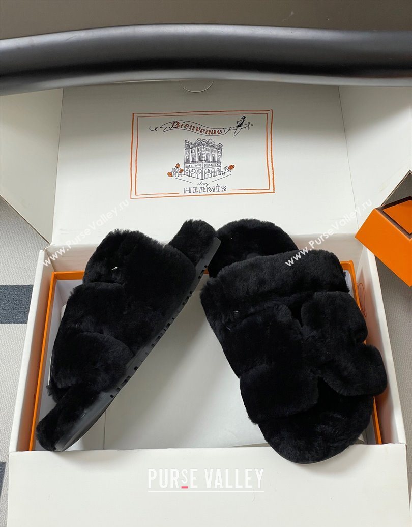 Hermes Chypre Flat Slides Sandal in Wool Black 2025 H102306 (MD-251023110)