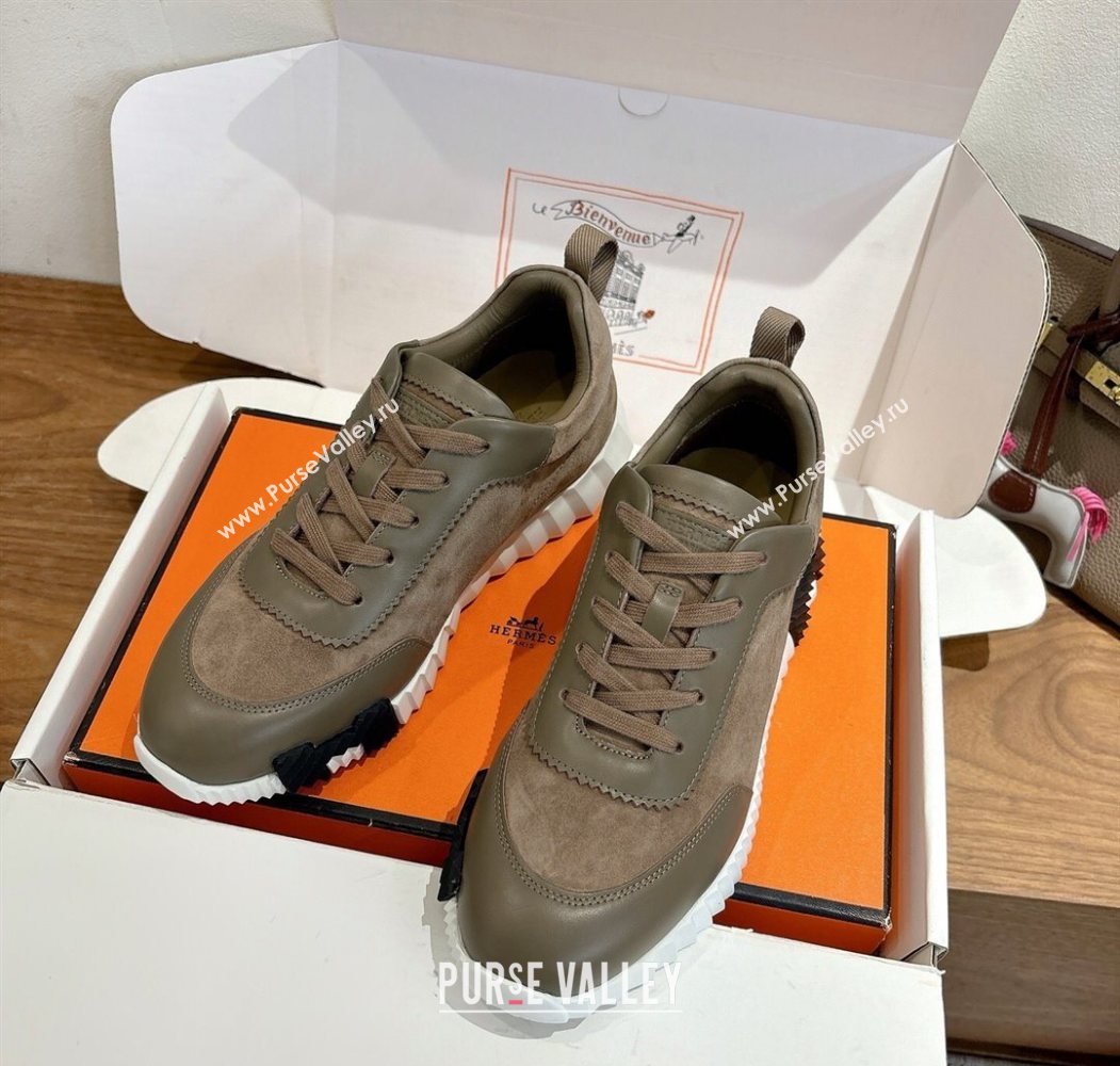 Hermes Bouncing Sneakers in Suede and Calfskin Leather Taupe/Green 2025 1024 (XC-251024014)