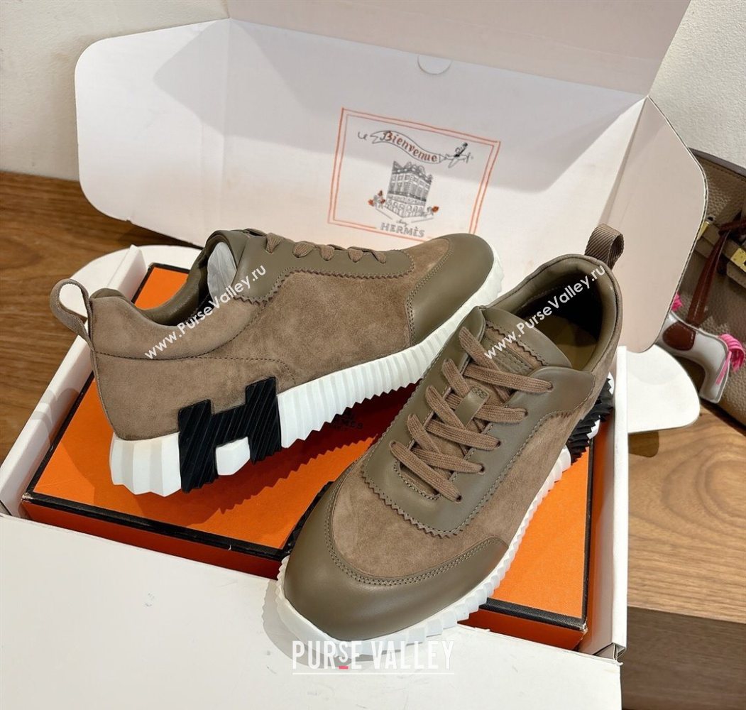 Hermes Bouncing Sneakers in Suede and Calfskin Leather Taupe/Green 2025 1024 (XC-251024014)