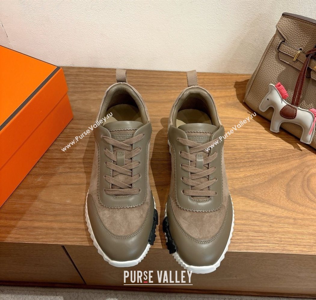 Hermes Bouncing Sneakers in Suede and Calfskin Leather Taupe/Green 2025 1024 (XC-251024014)