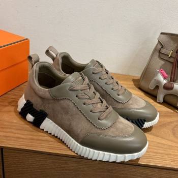 Hermes Bouncing Sneakers in Suede and Calfskin Leather Taupe/Green 2025 1024 (XC-251024014)