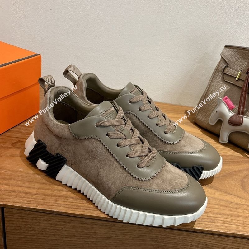 Hermes Bouncing Sneakers in Suede and Calfskin Leather Taupe/Green 2025 1024 (XC-251024014)