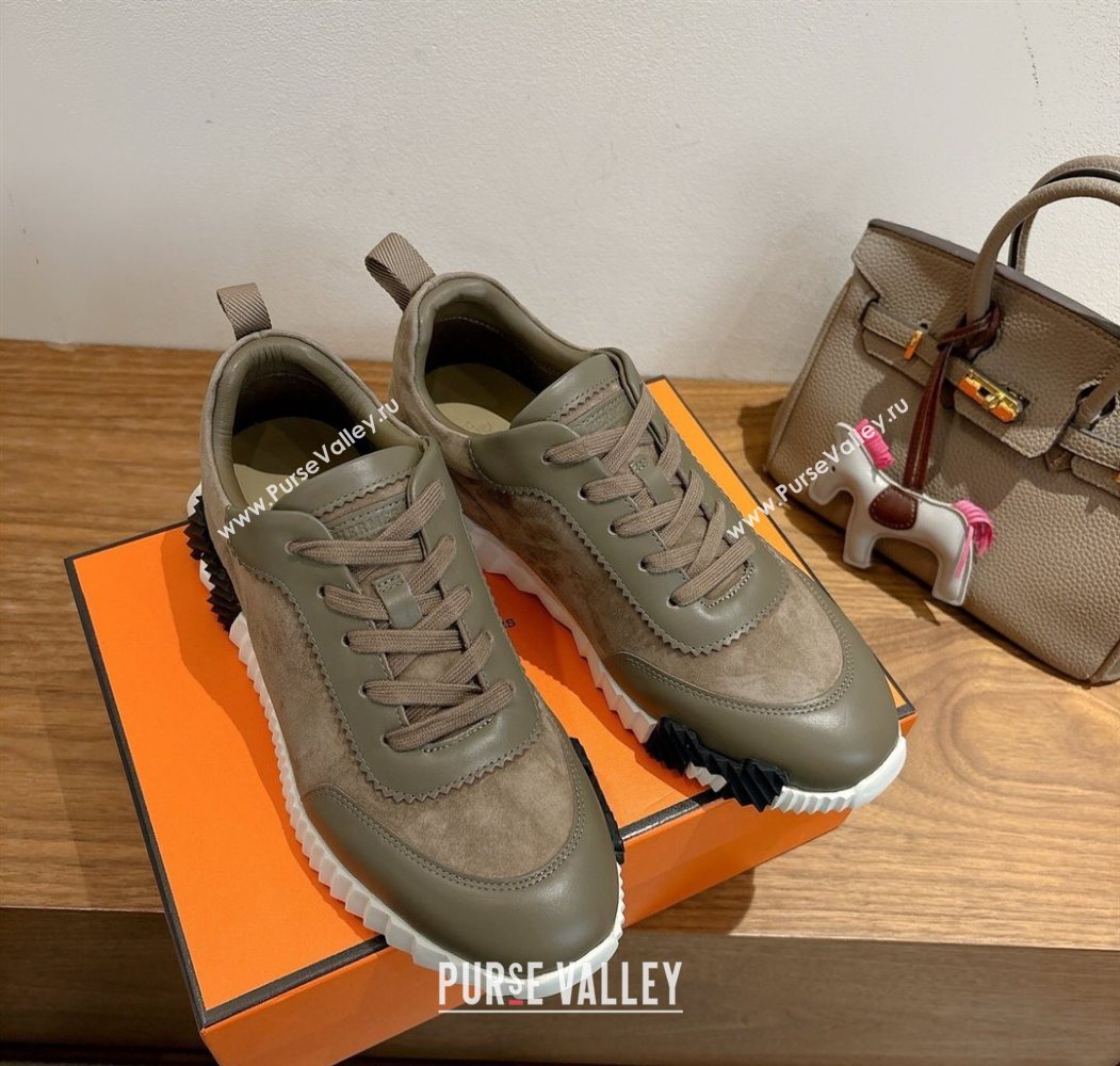 Hermes Bouncing Sneakers in Suede and Calfskin Leather Taupe/Green 2025 1024 (XC-251024014)