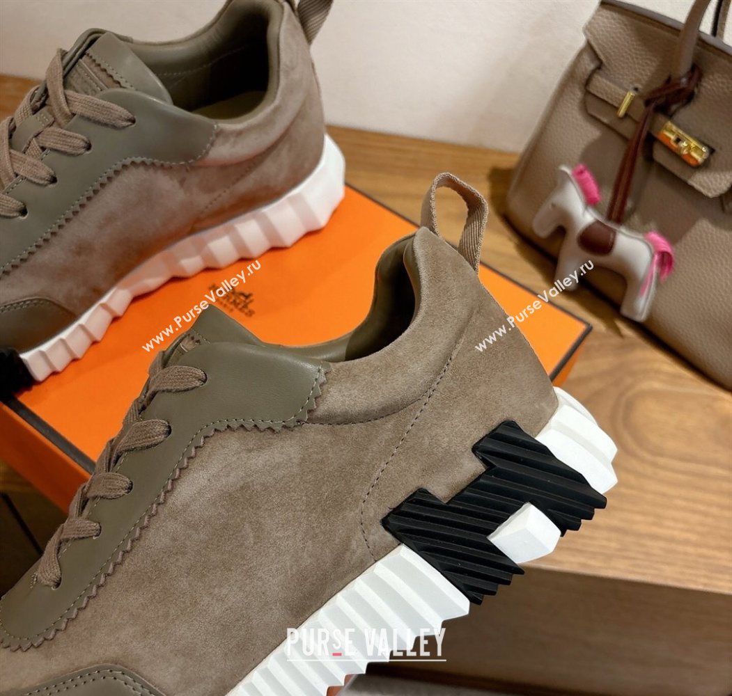 Hermes Bouncing Sneakers in Suede and Calfskin Leather Taupe/Green 2025 1024 (XC-251024014)