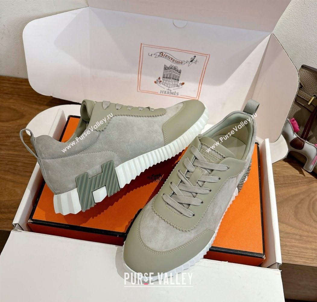 Hermes Bouncing Sneakers in Suede and Calfskin Leather Grey/Green 2025 1024 (XC-251024015)