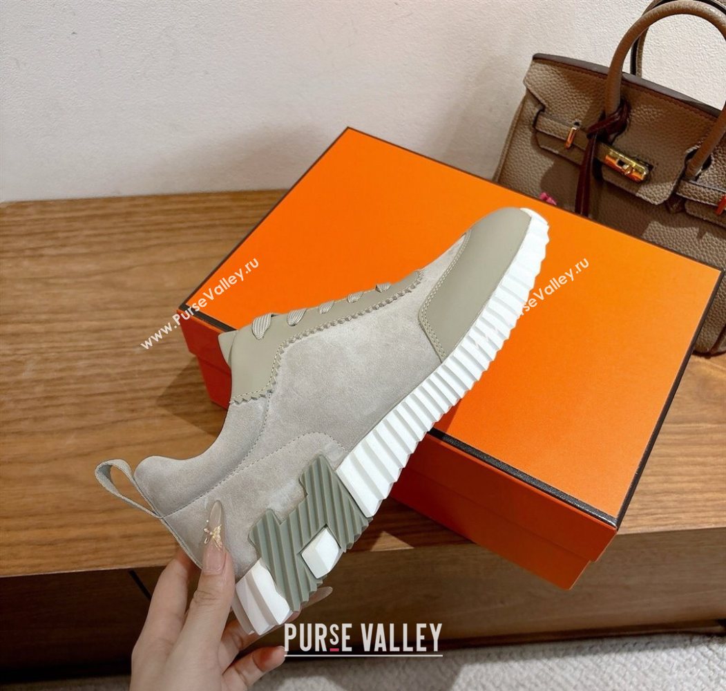 Hermes Bouncing Sneakers in Suede and Calfskin Leather Grey/Green 2025 1024 (XC-251024015)