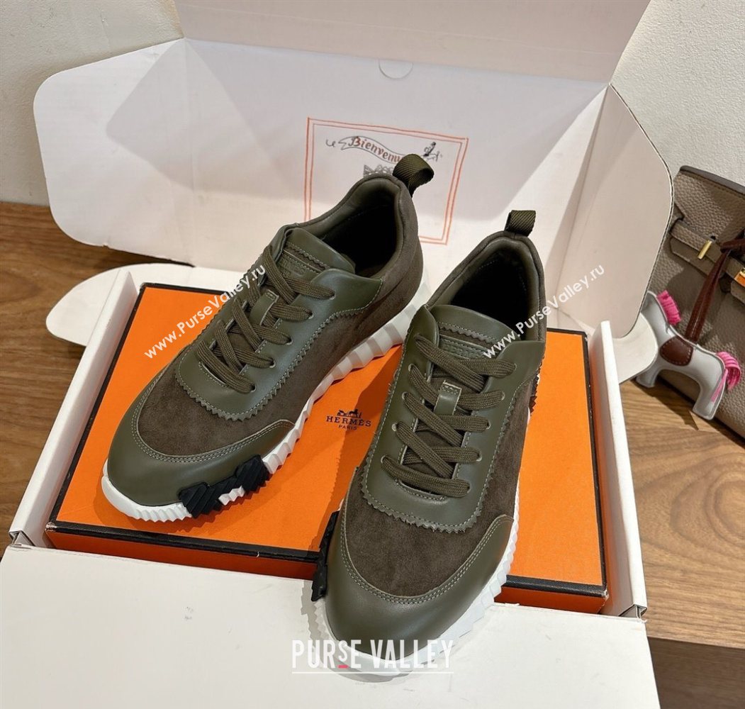 Hermes Bouncing Sneakers in Suede and Calfskin Leather Dark Green 2025 1024 (XC-251024016)