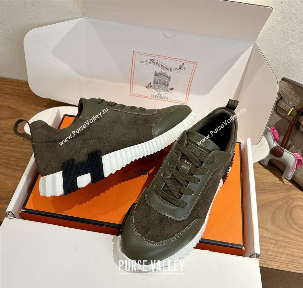 Hermes Bouncing Sneakers in Suede and Calfskin Leather Dark Green 2025 1024 (XC-251024016)
