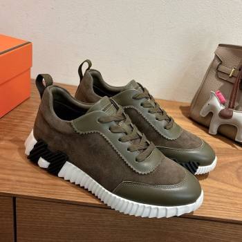 Hermes Bouncing Sneakers in Suede and Calfskin Leather Dark Green 2025 1024 (XC-251024016)