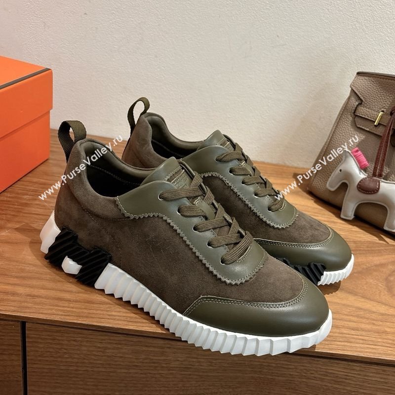 Hermes Bouncing Sneakers in Suede and Calfskin Leather Dark Green 2025 1024 (XC-251024016)