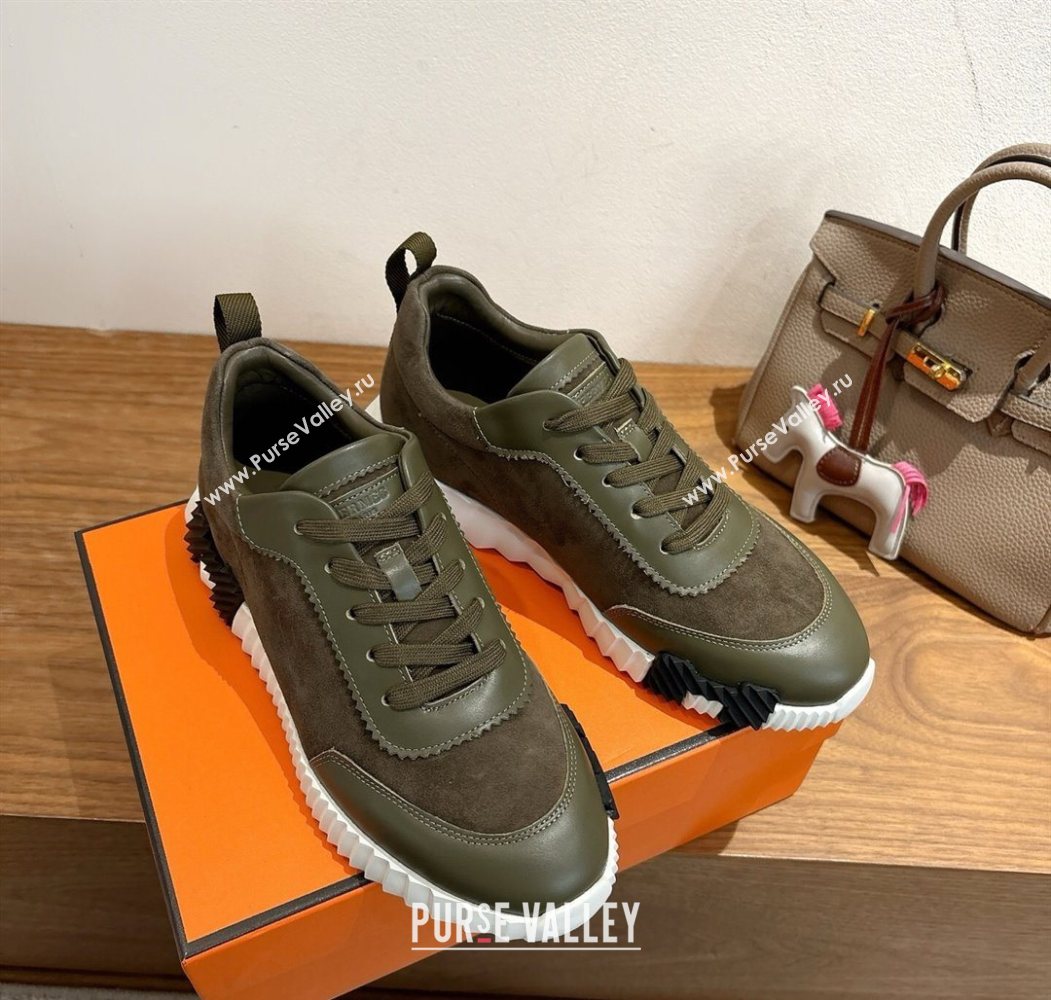 Hermes Bouncing Sneakers in Suede and Calfskin Leather Dark Green 2025 1024 (XC-251024016)