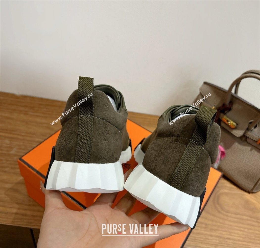 Hermes Bouncing Sneakers in Suede and Calfskin Leather Dark Green 2025 1024 (XC-251024016)