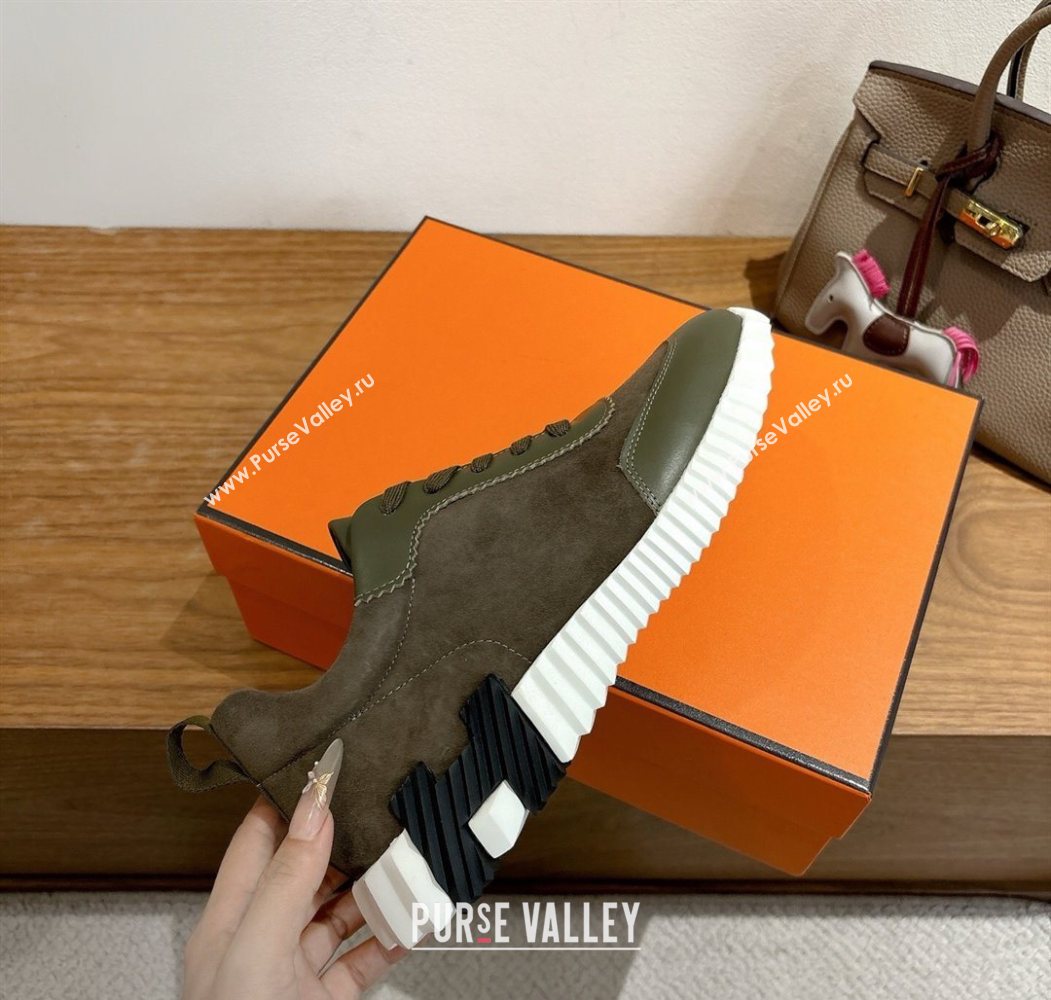 Hermes Bouncing Sneakers in Suede and Calfskin Leather Dark Green 2025 1024 (XC-251024016)