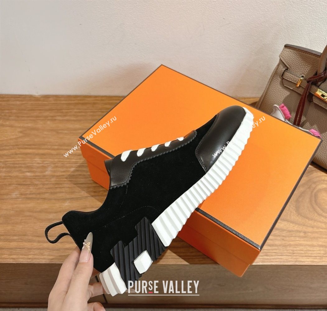 Hermes Bouncing Sneakers in Suede and Calfskin Leather Black/White 2025 1024 (XC-251024017)