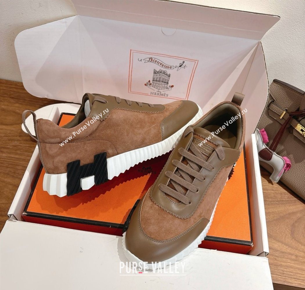 Hermes Bouncing Sneakers in Suede and Calfskin Leather Dark Brown 2025 1024 (XC-251024020)