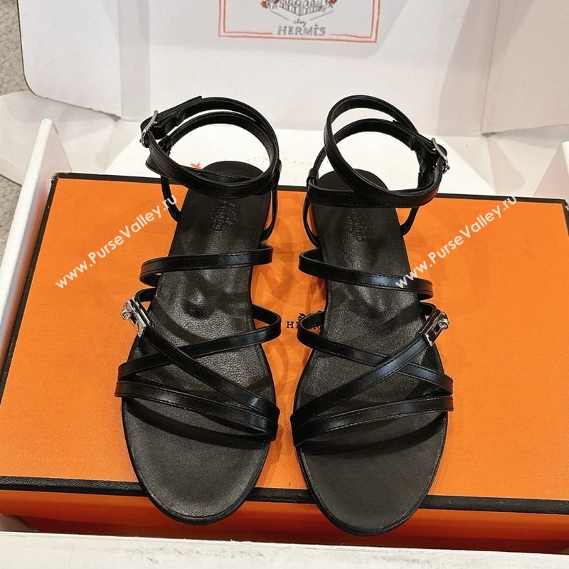 Hermes Lullaby Flat Sandals in Kelly Buckle in Calfskin Leather Black 2025 (MD-251023172)