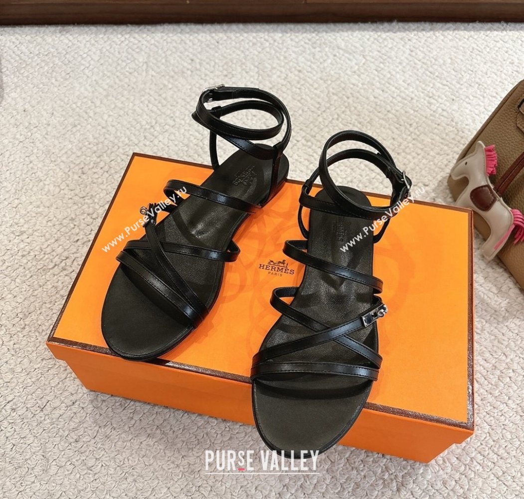 Hermes Lullaby Flat Sandals in Kelly Buckle in Calfskin Leather Black 2025 (MD-251023172)