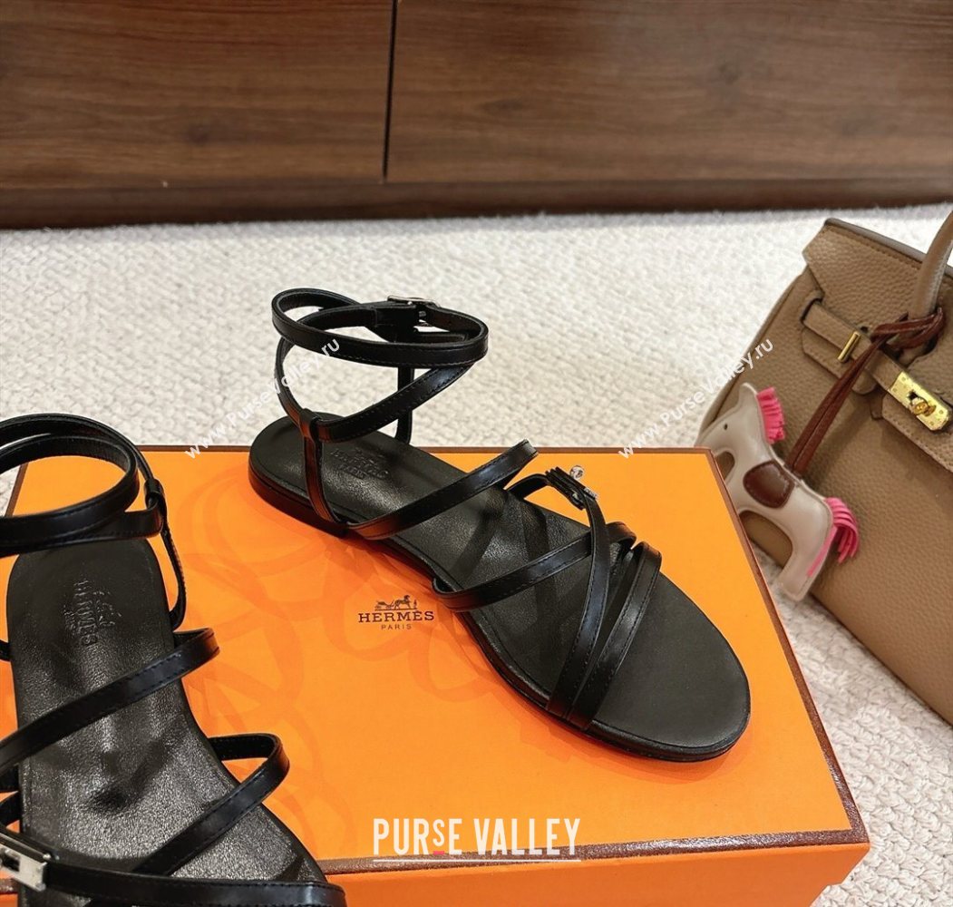 Hermes Lullaby Flat Sandals in Kelly Buckle in Calfskin Leather Black 2025 (MD-251023172)