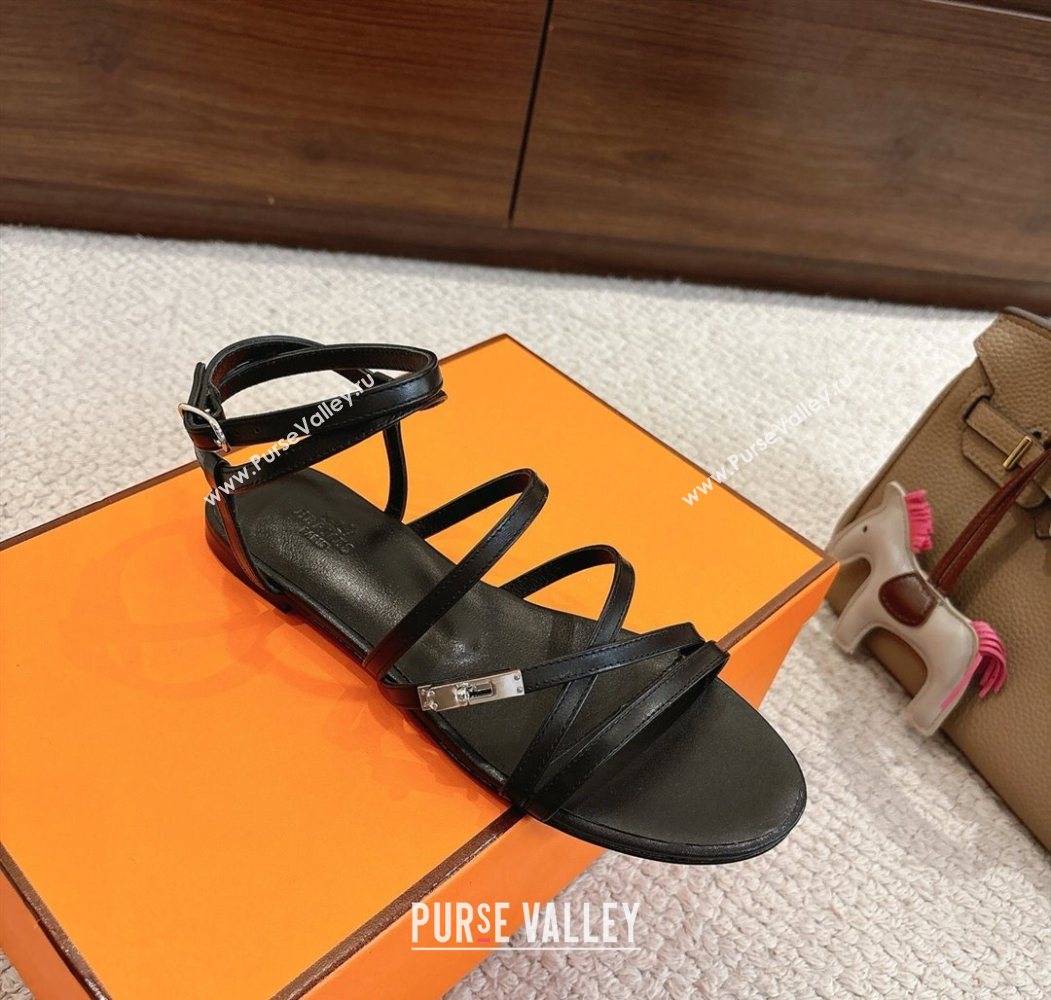 Hermes Lullaby Flat Sandals in Kelly Buckle in Calfskin Leather Black 2025 (MD-251023172)