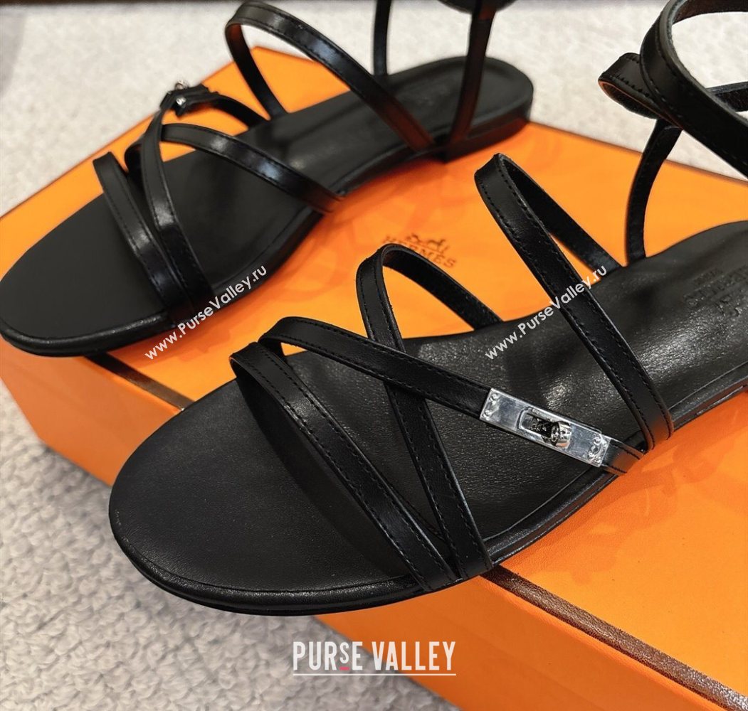 Hermes Lullaby Flat Sandals in Kelly Buckle in Calfskin Leather Black 2025 (MD-251023172)