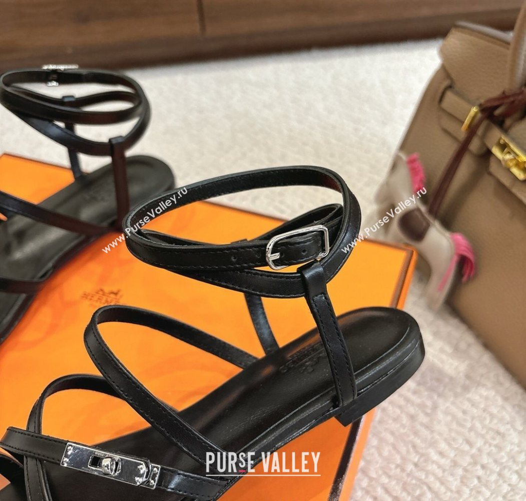 Hermes Lullaby Flat Sandals in Kelly Buckle in Calfskin Leather Black 2025 (MD-251023172)