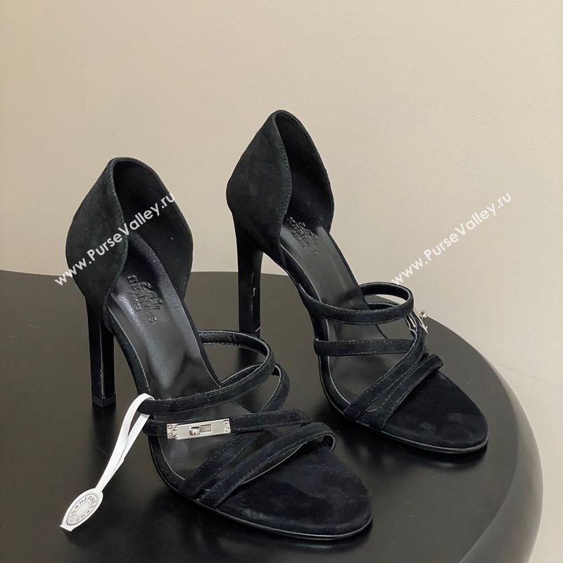 Hermes Lipstick Heel Sandals 10.5cm with Kelly Buckle in Suede Black 2025 (MD-251023175)