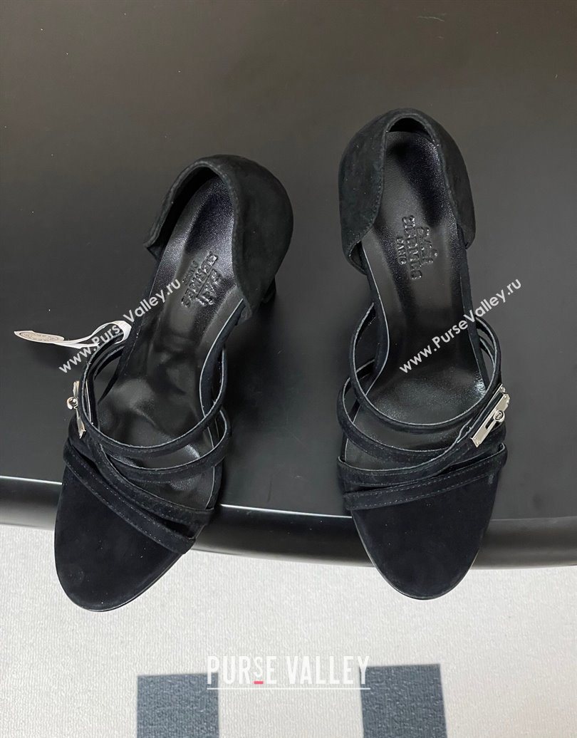 Hermes Lipstick Heel Sandals 10.5cm with Kelly Buckle in Suede Black 2025 (MD-251023175)