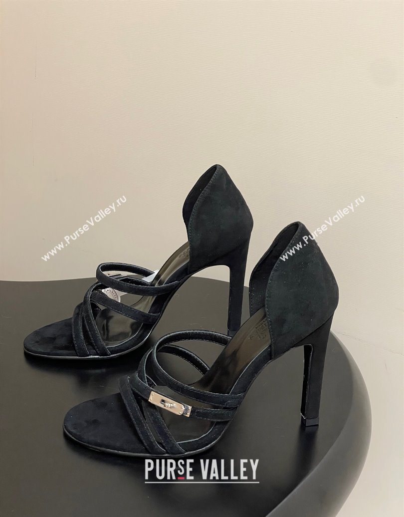 Hermes Lipstick Heel Sandals 10.5cm with Kelly Buckle in Suede Black 2025 (MD-251023175)