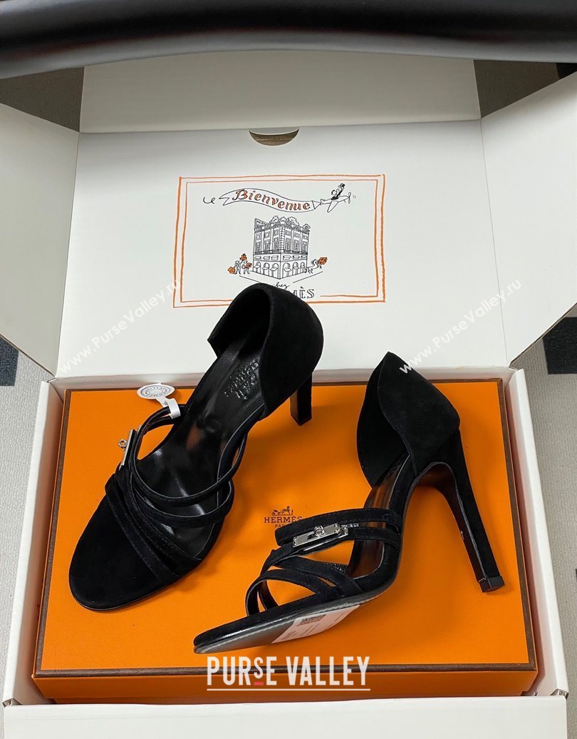 Hermes Lipstick Heel Sandals 10.5cm with Kelly Buckle in Suede Black 2025 (MD-251023175)