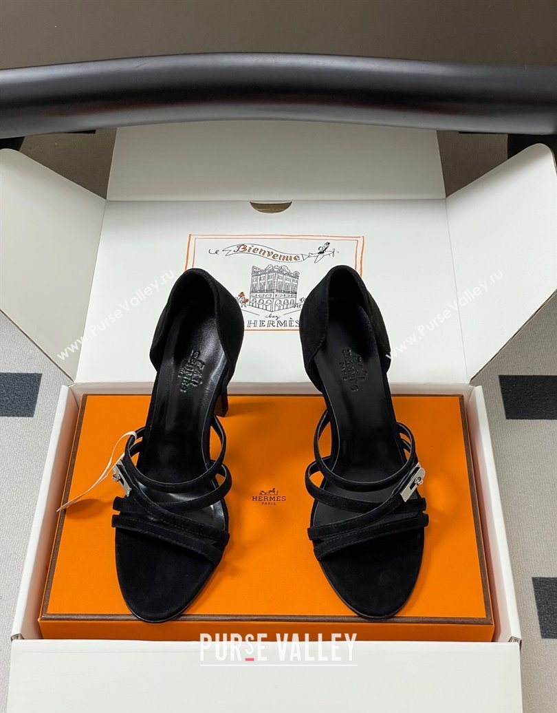 Hermes Lipstick Heel Sandals 10.5cm with Kelly Buckle in Suede Black 2025 (MD-251023175)