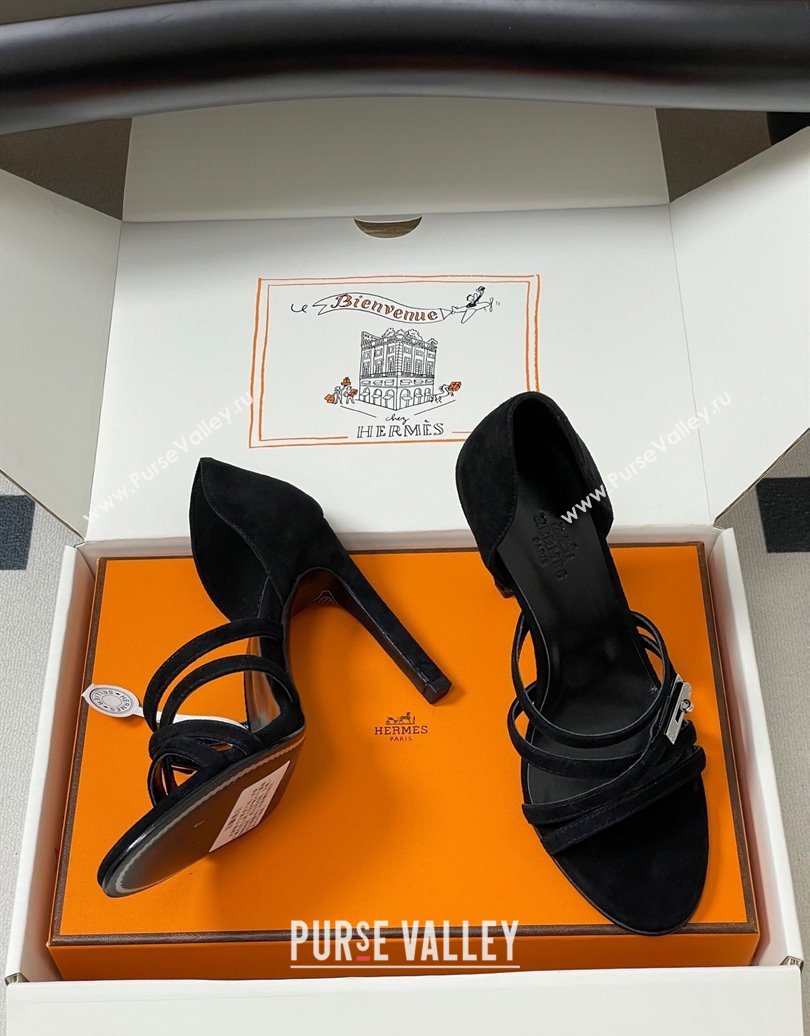 Hermes Lipstick Heel Sandals 10.5cm with Kelly Buckle in Suede Black 2025 (MD-251023175)