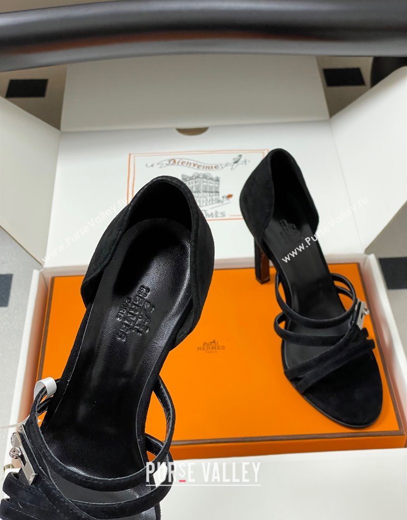 Hermes Lipstick Heel Sandals 10.5cm with Kelly Buckle in Suede Black 2025 (MD-251023175)