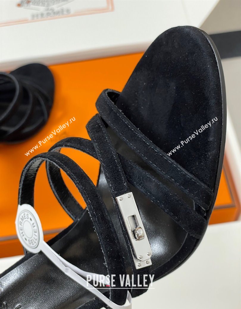 Hermes Lipstick Heel Sandals 10.5cm with Kelly Buckle in Suede Black 2025 (MD-251023175)