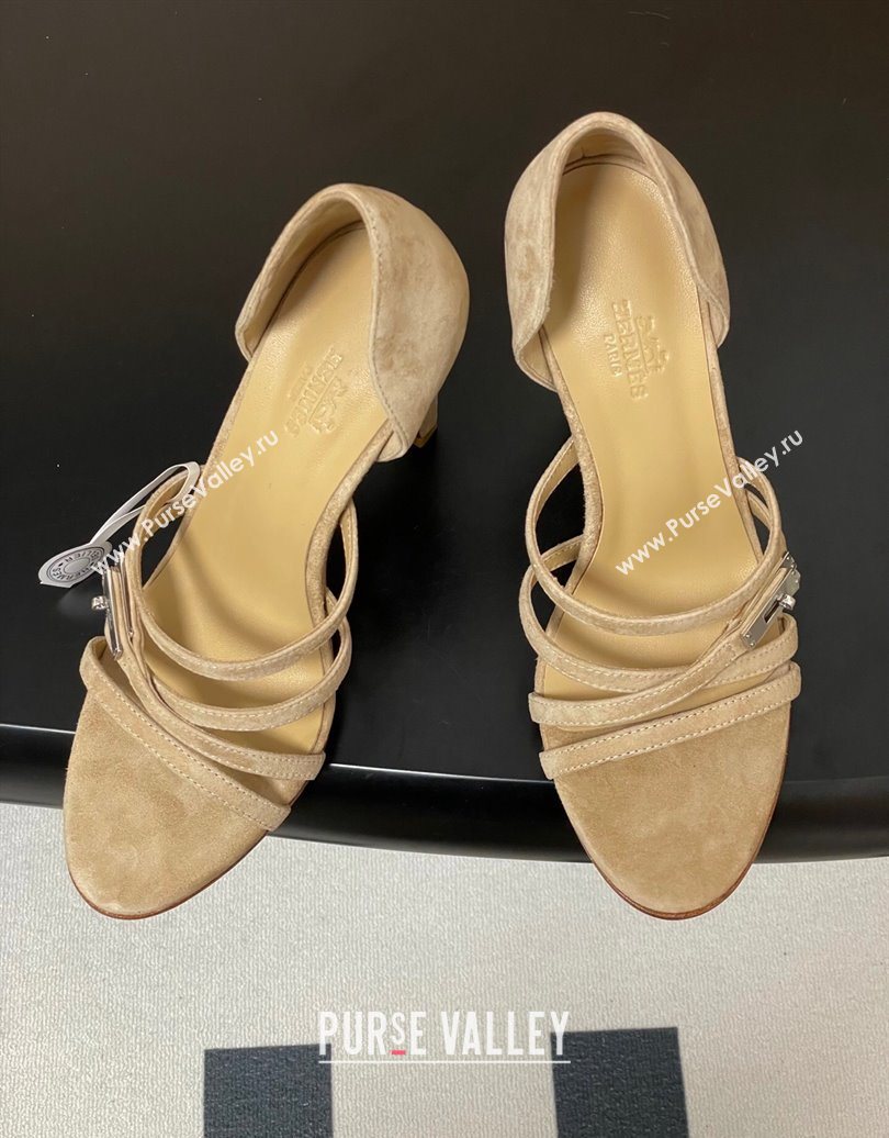 Hermes Lipstick Heel Sandals 10.5cm with Kelly Buckle in Suede Beige 2025 (MD-251023176)