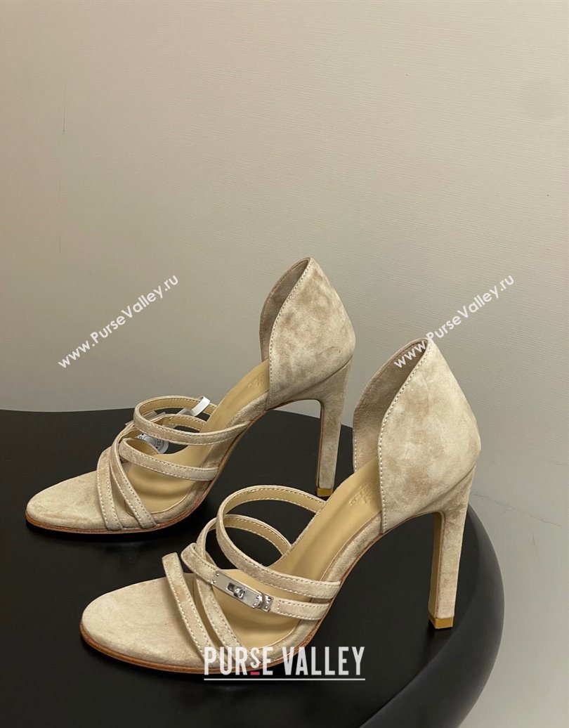 Hermes Lipstick Heel Sandals 10.5cm with Kelly Buckle in Suede Beige 2025 (MD-251023176)