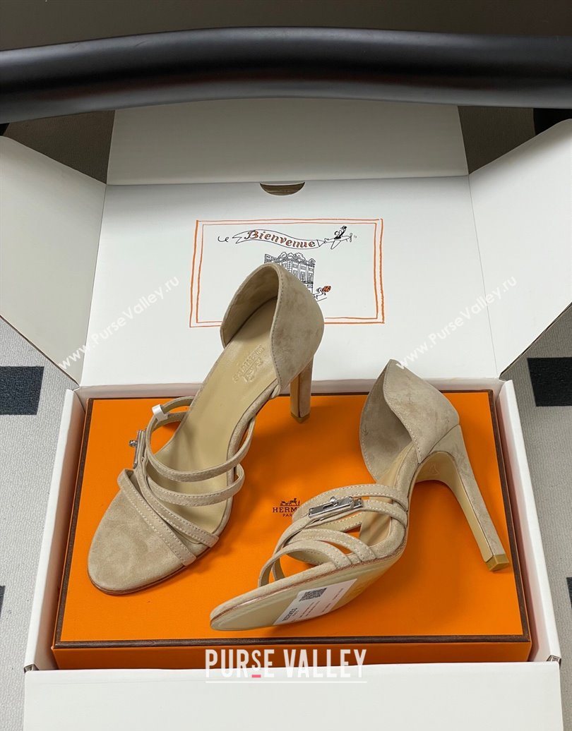 Hermes Lipstick Heel Sandals 10.5cm with Kelly Buckle in Suede Beige 2025 (MD-251023176)