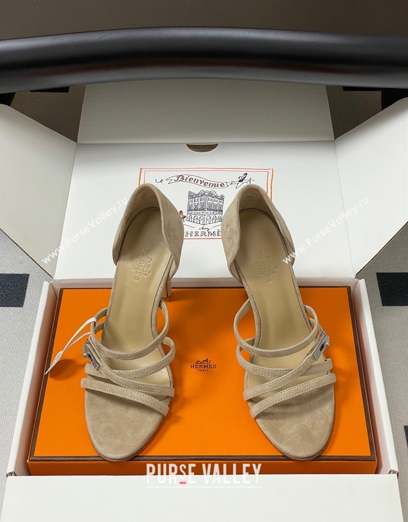 Hermes Lipstick Heel Sandals 10.5cm with Kelly Buckle in Suede Beige 2025 (MD-251023176)
