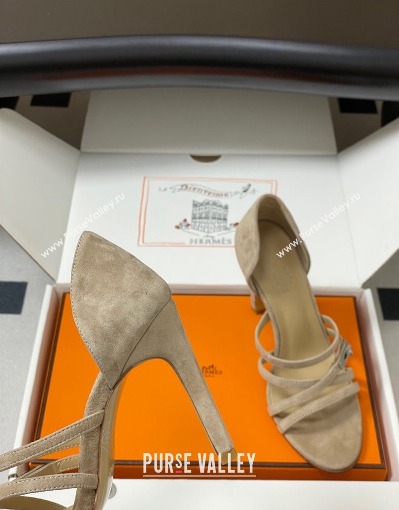 Hermes Lipstick Heel Sandals 10.5cm with Kelly Buckle in Suede Beige 2025 (MD-251023176)