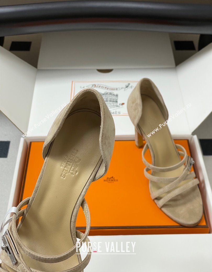 Hermes Lipstick Heel Sandals 10.5cm with Kelly Buckle in Suede Beige 2025 (MD-251023176)