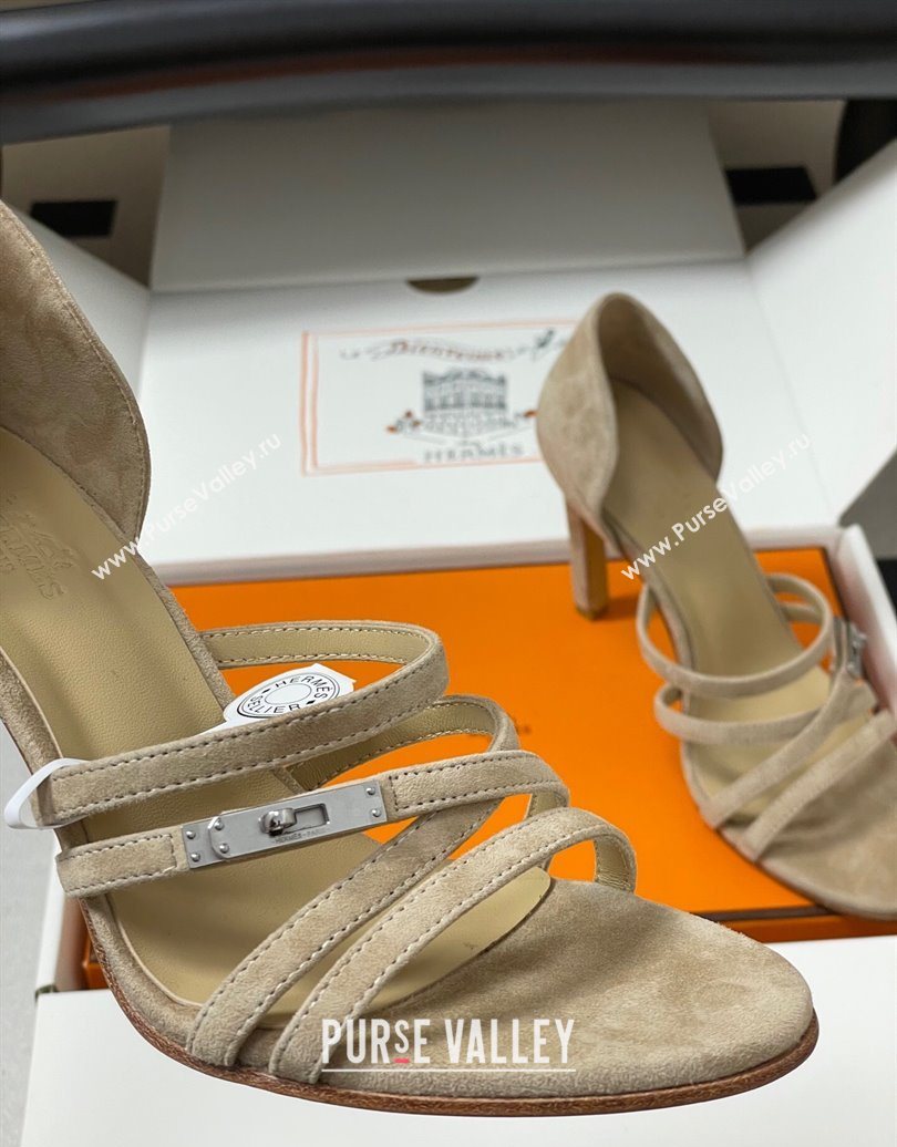 Hermes Lipstick Heel Sandals 10.5cm with Kelly Buckle in Suede Beige 2025 (MD-251023176)